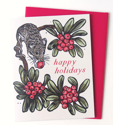 Holiday Mouse Vintage Style Linocut Holiday Card