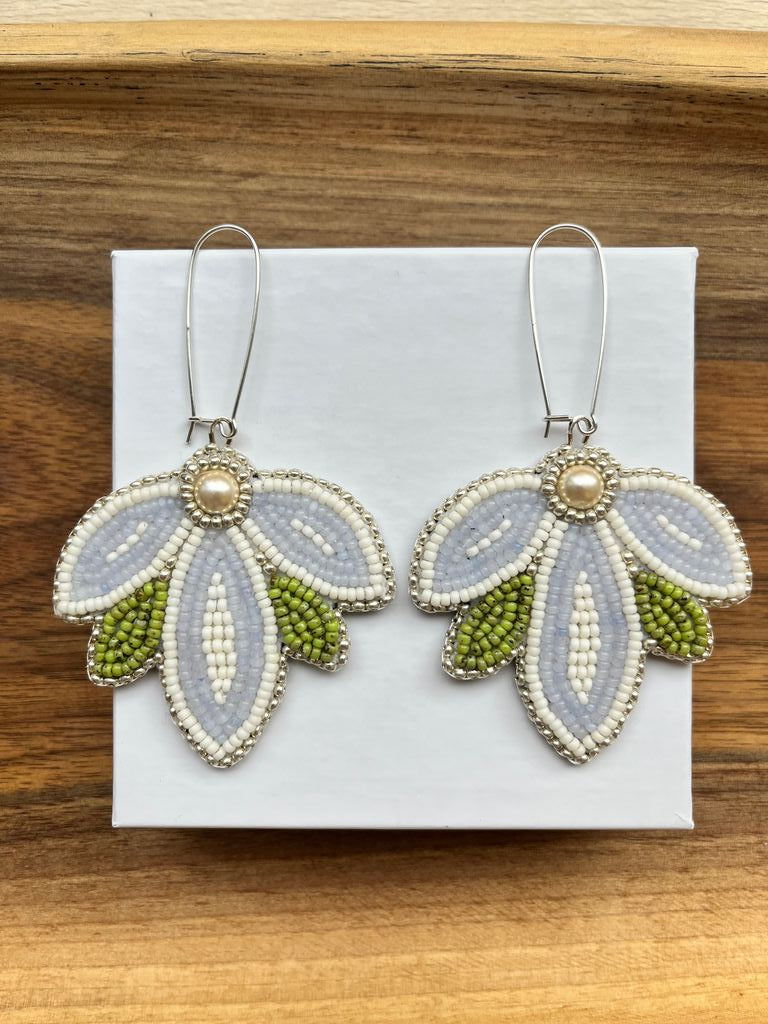Beaded Blue Pearlescent Flower Drop Earrings