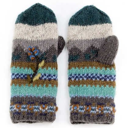 Chloe Wool Mittens - Embroidered Floral Design - Light Natural