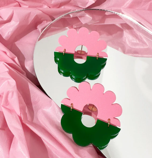 Flourish Small Duo Studs in Green & Pink