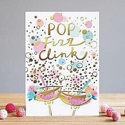 illustrated cocktails gold foil bubbles, gold foil cover message pop fizz clink