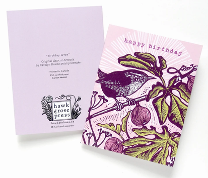 Wren Vintage Style Linocut Birthday Card