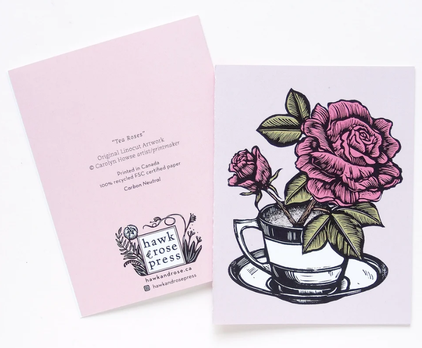 Teacup with Roses Linocut Card