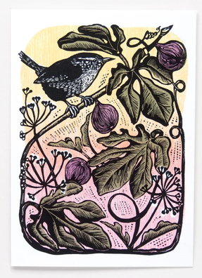 Wren & Figs Bird and Botanical Vintage Style Linocut Card
