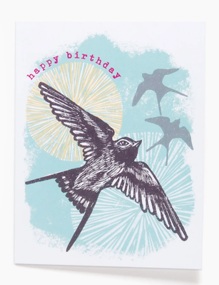 Swallows Vintage Style Linocut Birthday Card