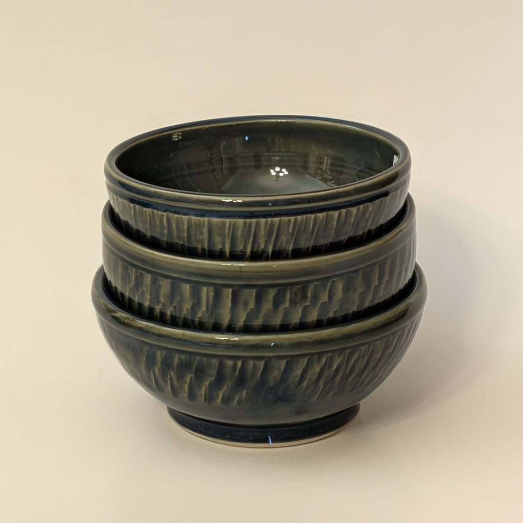 Blue and Olive Footed Bowl Set of 3