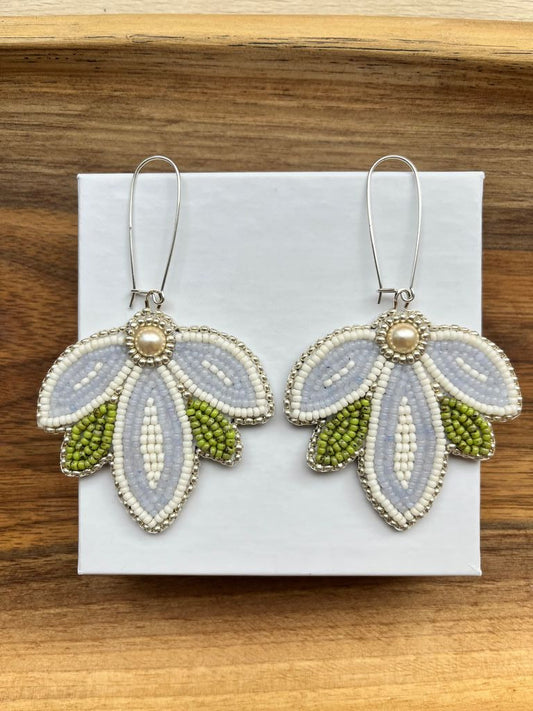 Beaded Blue Pearlescent Flower Drop Earrings
