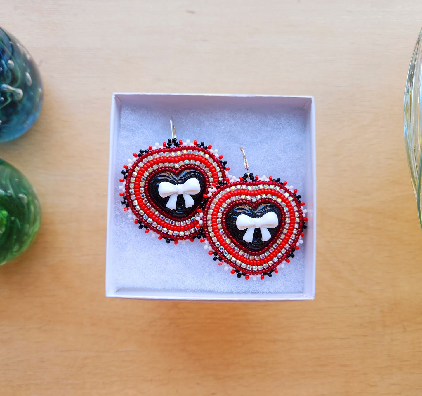 Beaded Bow Hearts Earrings