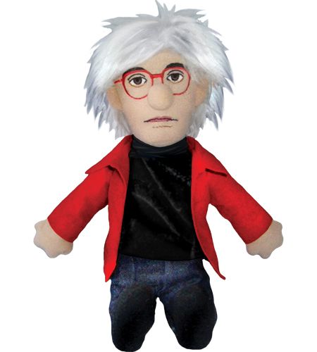 Andy Warhol plush doll, red jacket and glasses, wild hair