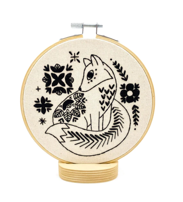 Folk Fox Embroidery Kit Black