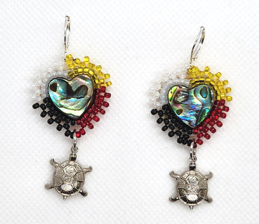 Beaded Abalone Hearts with Turtle Charms Earrings