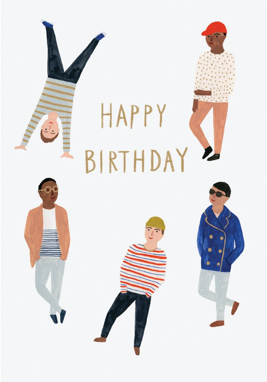 happy birthday with boys, illustrated men on pale blue background